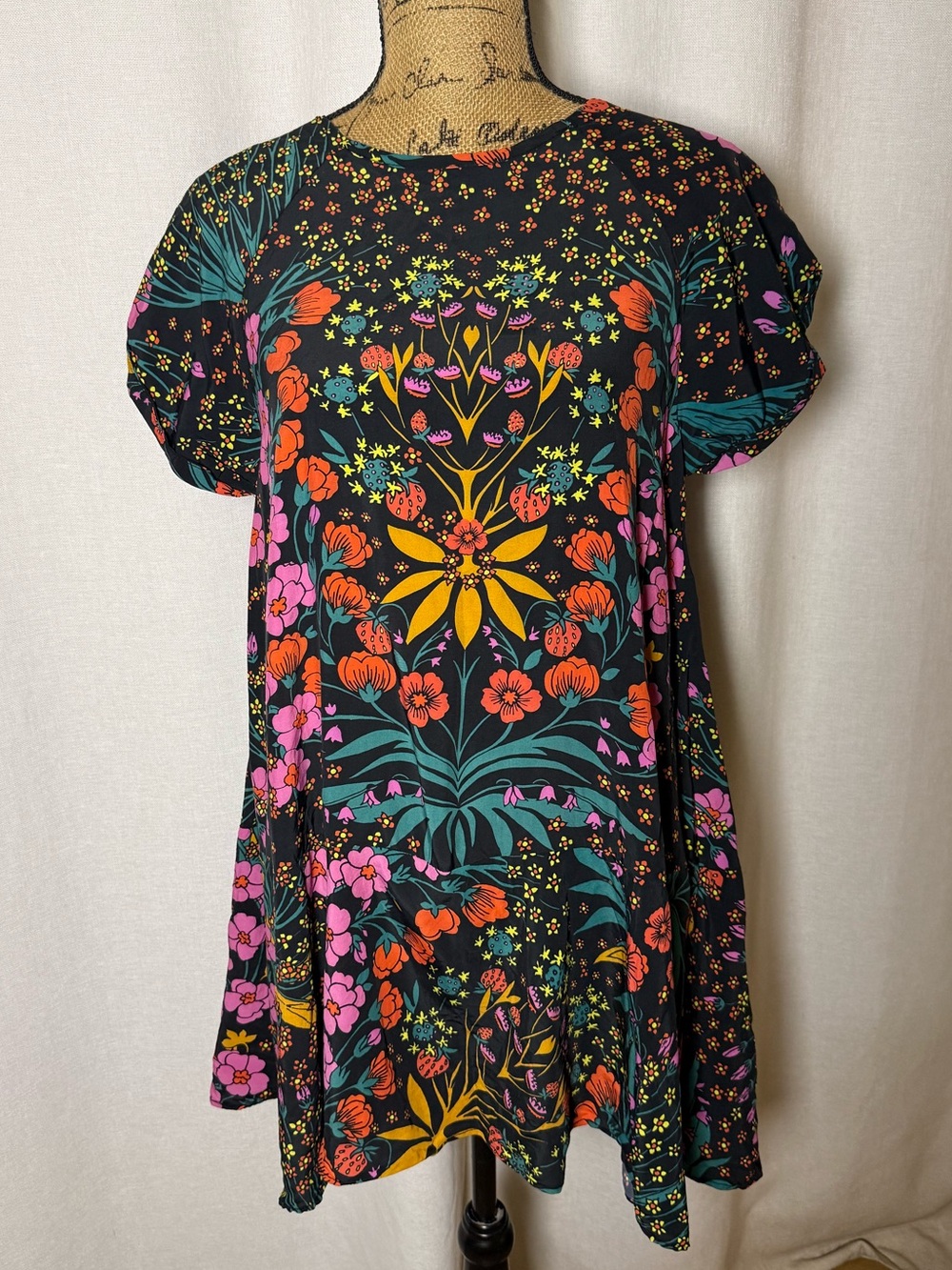Free People Black Skirt with Pink & Orange Floral Print